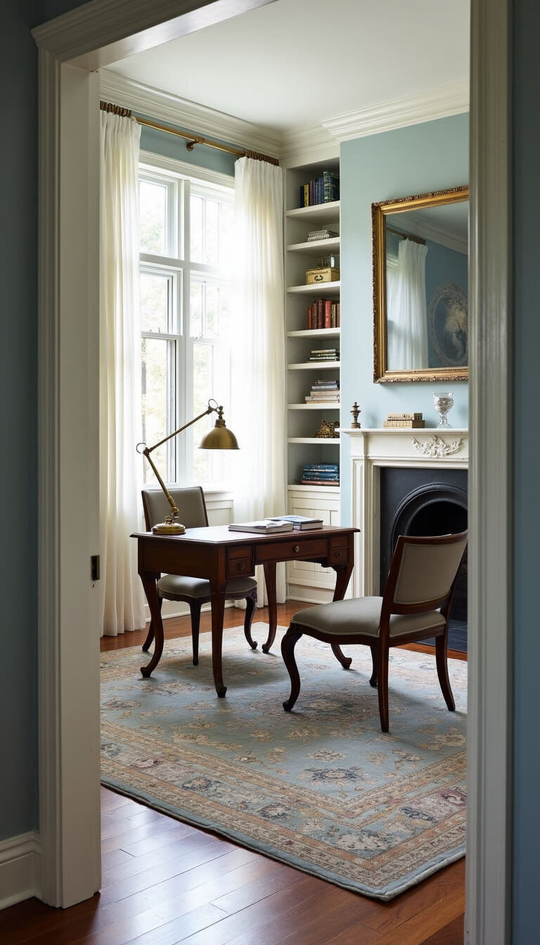 Sunlit home office with blue walls, large Georgian windows, mahogany desk at angle, brass lamp, crystal accents, built-in bookshelves, and cream marble fireplace.