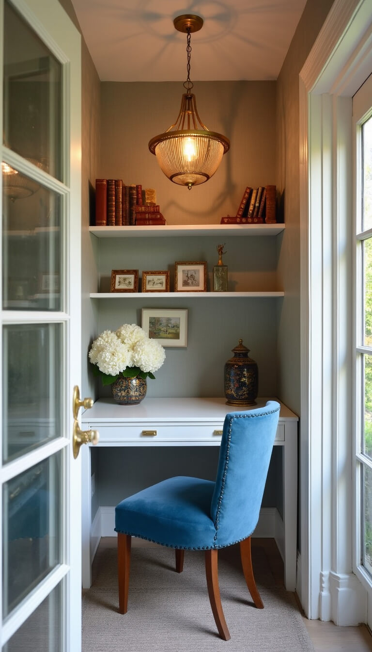Golden hour light fills an elegant corner office with a white lacquered desk, blue velvet chair, brass chandelier, and chinoiserie vases holding white peonies, framed by dove grey grasscloth walls and styled shelving.