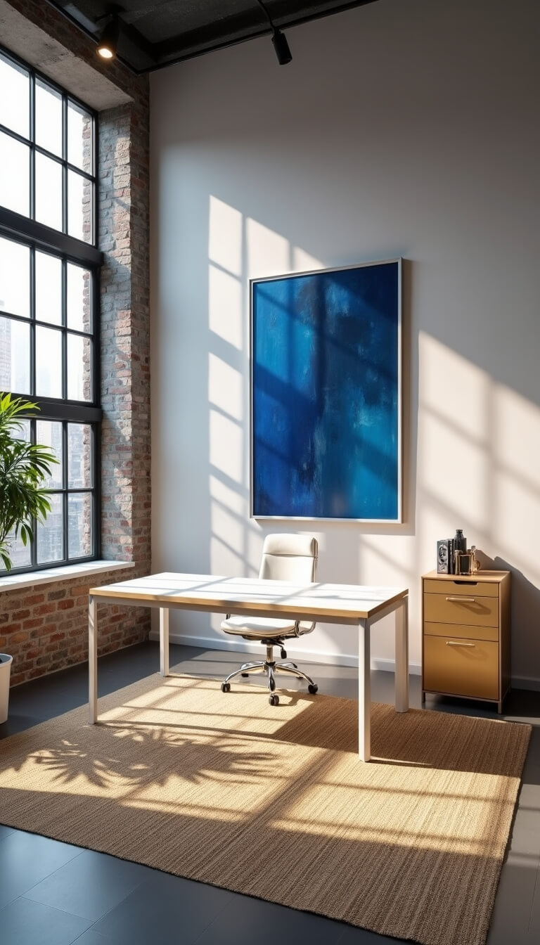 Modern elegant 15' x 18' office with floor-to-ceiling industrial windows, minimalist white oak desk, ghost chair, champagne gold filing cabinet, abstract blue artwork, and textured sisal rug under soft late afternoon light.