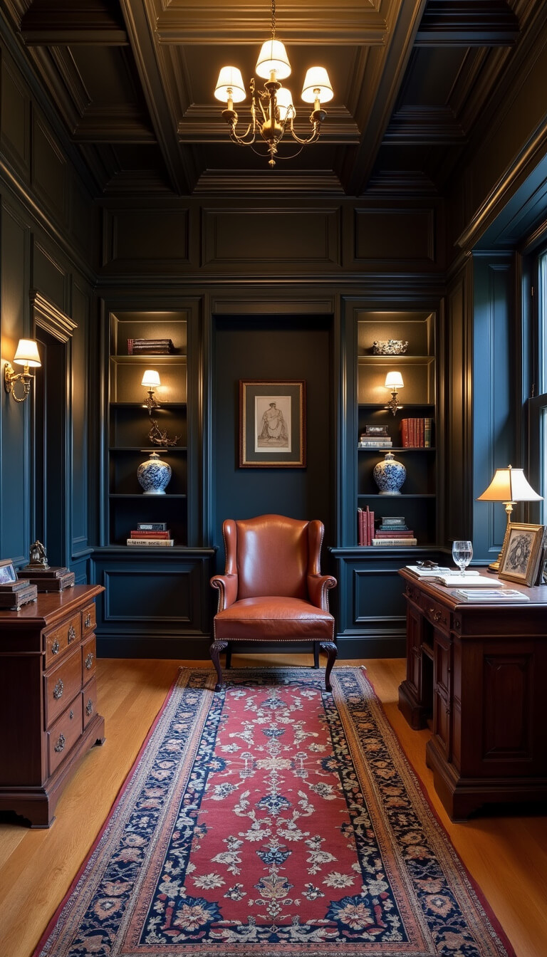 Moody executive office with coffered ceiling, navy grasscloth walls, leather wingback chair, antique desk, built-in bookcases, and vintage Persian runner.
