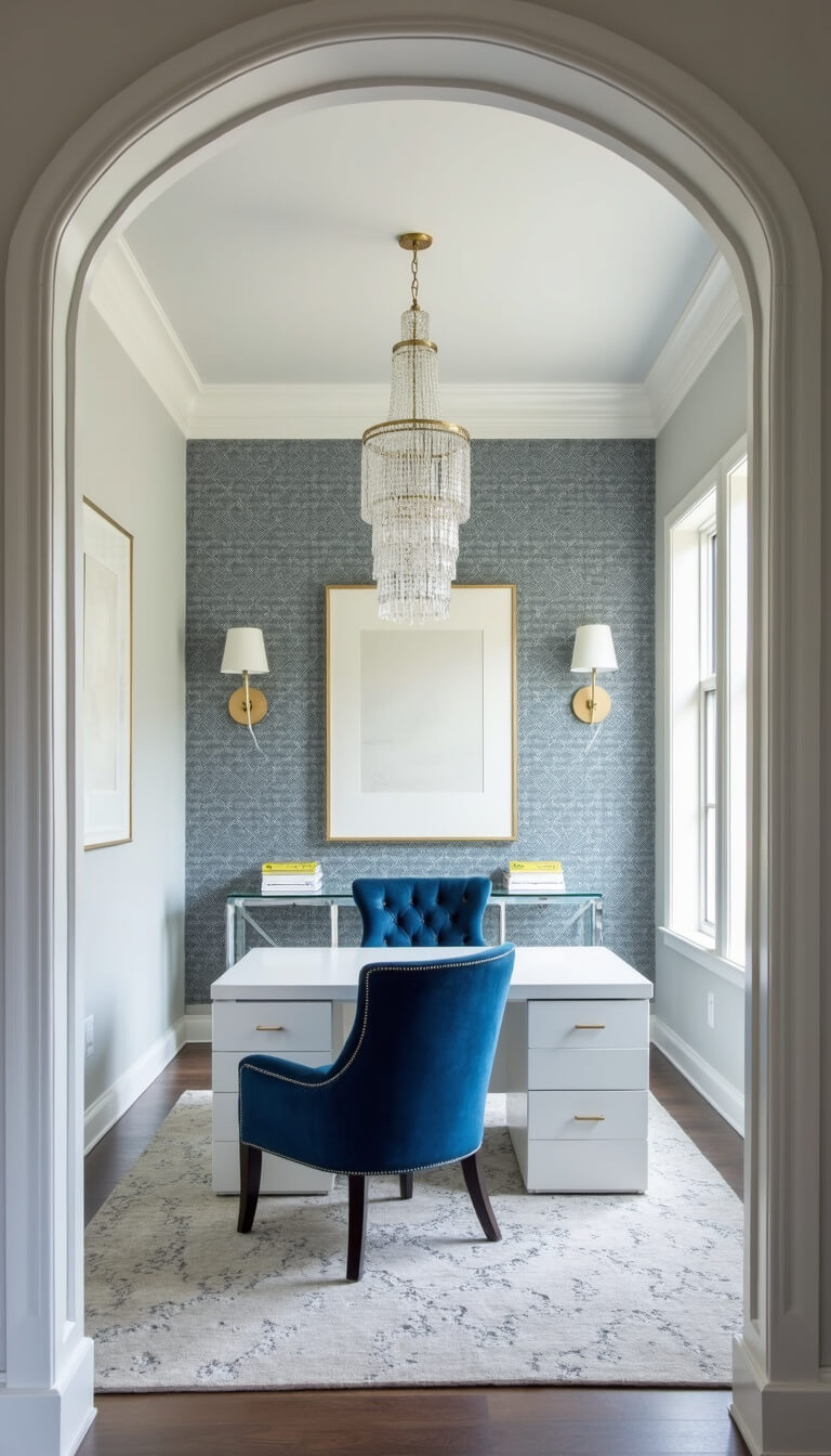 Modern home office with white desk, blue velvet chair, geometric silver-blue wallpaper, crystal chandelier, and lucite console in natural and soft lighting.