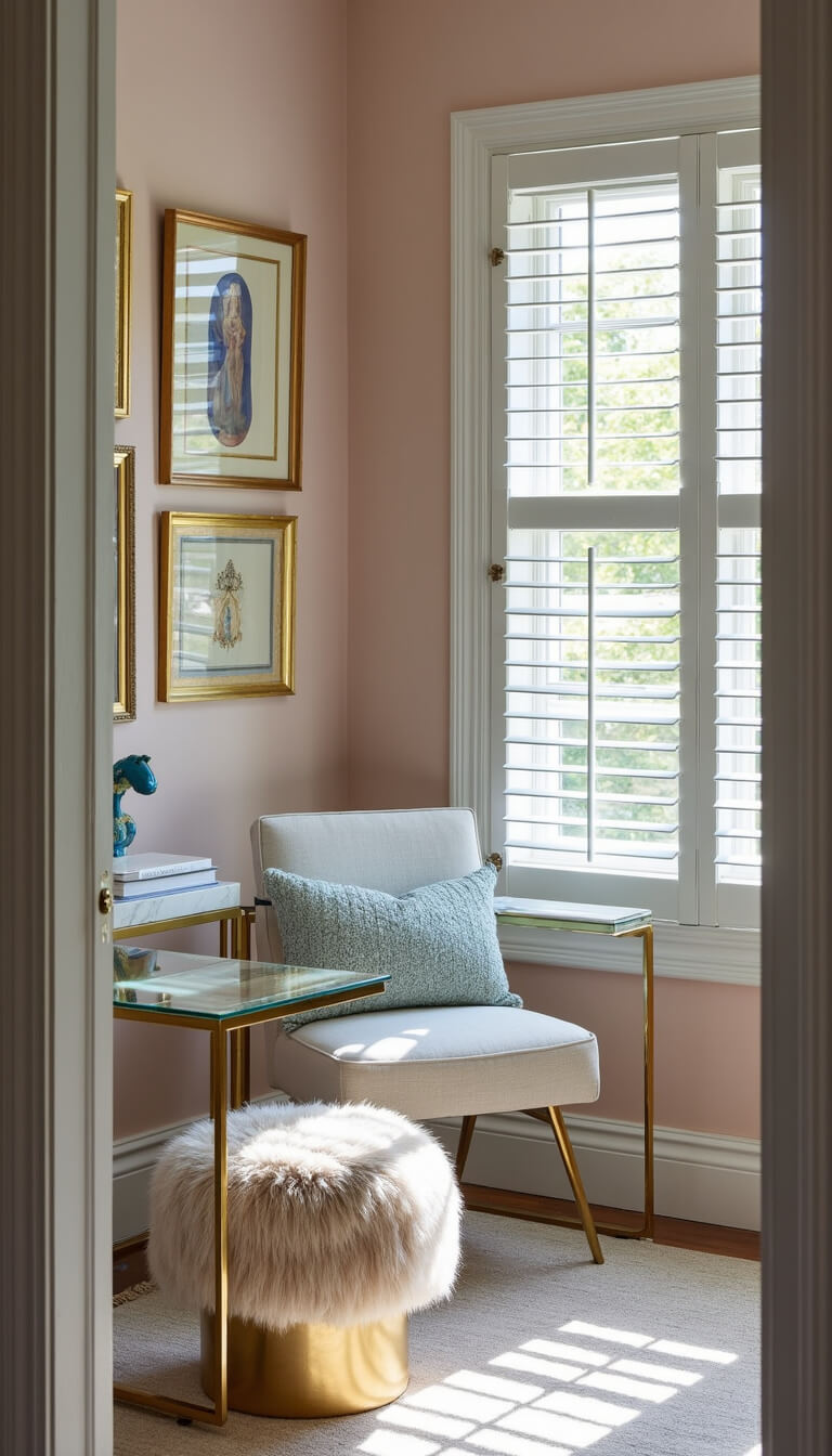 Chic boutique-style office with glass-top desk facing bay window, soft afternoon light filtering through plantation shutters, blush and blue decor with brass accents, and gallery wall with gold frames.