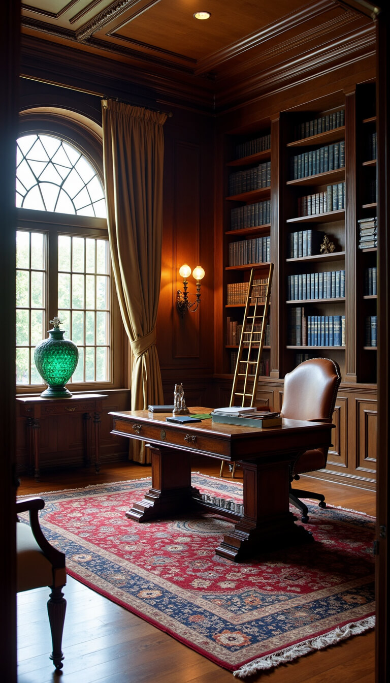 Classic wood-paneled office with leather-top desk, emerald banker's lamp, antique rug, tall bookshelves with blue and white spines, brass ladder, leaded glass windows, and dramatic evening lighting.