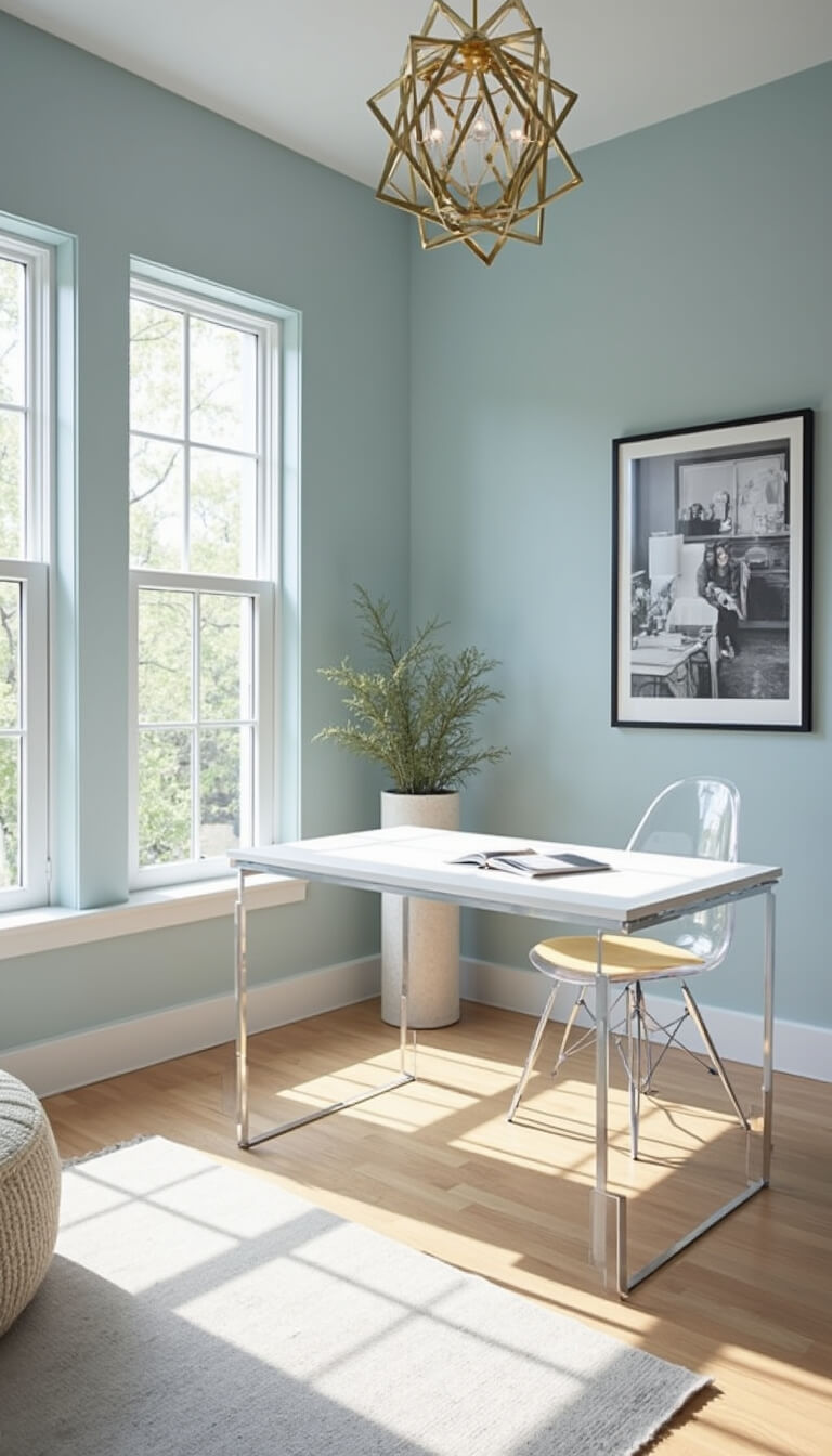 Modern home office with floating white desk, ghost chair, gold geometric light fixture, and triple-height windows reflecting bright morning light.
