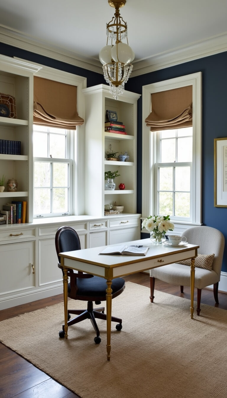 Sophisticated 14x16 home office with crown molding, blue-grey walls, white built-ins, brass and white lacquer campaign desk, vintage Persian rug over seagrass, and crystal and brass lighting in soft morning light.
