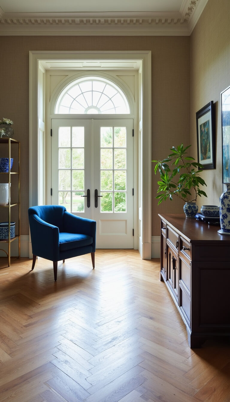 Transitional office with white oak herringbone floors, blue velvet chair, brass étagère, navy and gold art, textured wallpaper, and afternoon light through French doors.