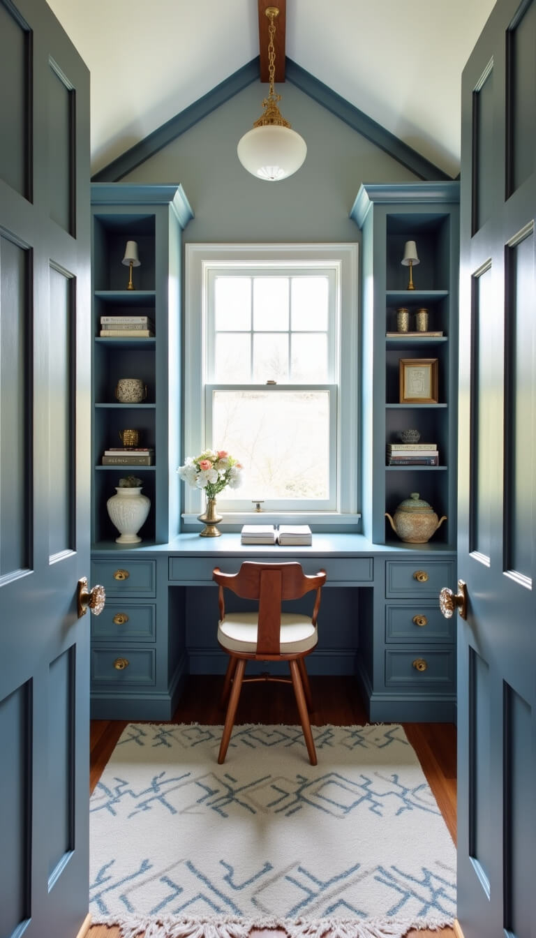 Cozy 10' x 12' writer's office with Harbor Fog blue built-in desk nook, dormer window, brass sconces, inspiration board, vintage crystal hardware, and cream and blue geometric wool rug in soft morning light.