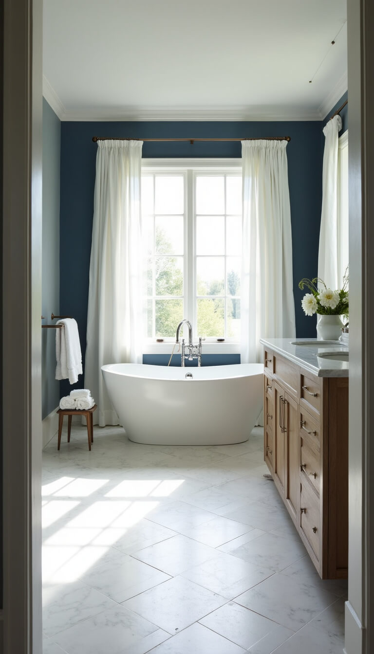 Serene coastal master bathroom with freestanding oval tub, navy accent wall, herringbone marble floor, and floating oak vanity under soft natural and pot lighting.