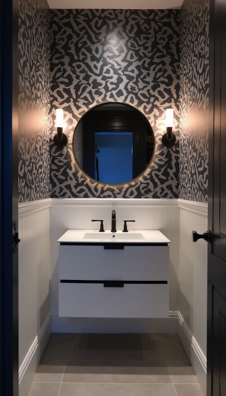 Compact 5x7 powder room with dramatic lighting, navy and silver abstract wallpaper, white wainscoting, floating white vanity with black hardware, and LED-backlit round mirror.