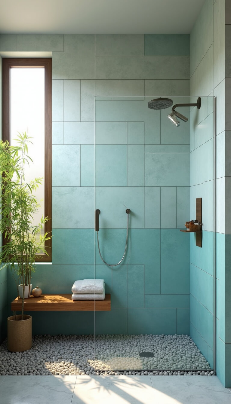 Spa-inspired bathroom with glass-enclosed rainfall shower, pale blue to turquoise ombré tiled walls, floating teak bench, pebble floor, and bamboo plants in soft mid-afternoon light.