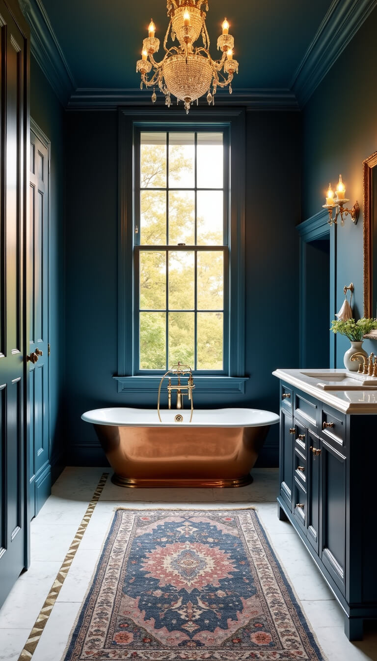 Luxurious ensuite bathroom with deep peacock blue walls, crystal chandelier over copper soaking tub, marble herringbone floor with brass inlay, antique Persian rug, and golden hour light through floor-to-ceiling windows.