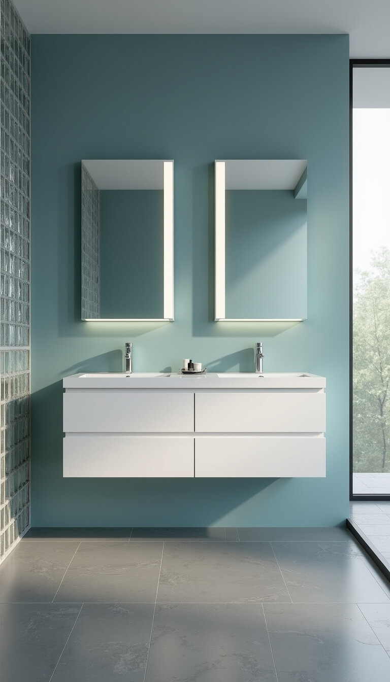 Modern minimalist 9x11 bathroom with matte aqua walls, floating white vanity, gray porcelain floor tiles, hidden storage, and diffused light through glass block wall.