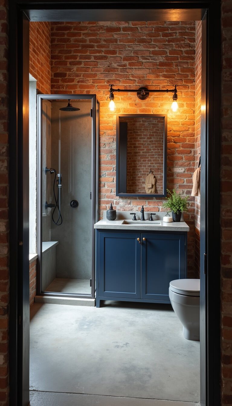 Industrial-modern bathroom with exposed brick wall, navy blue metal vanity, concrete countertop, steel-framed shower, copper fixtures, and polished concrete floor in afternoon light.
