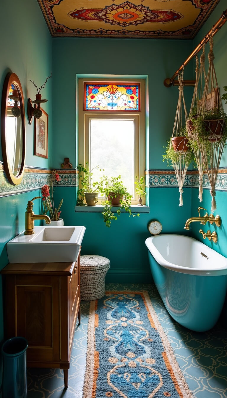 Bohemian-style 8x12 bathroom with turquoise walls, Moroccan tile accent, vintage brass fixtures, stained glass window, layered blue Turkish rugs, and macramé plant hangers.