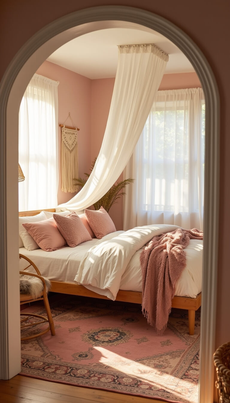 Cozy blush pink bedroom with wood platform bed, white canopy, cream and rose bedding, vintage rug, and golden hour sunlight through gauzy curtains.
