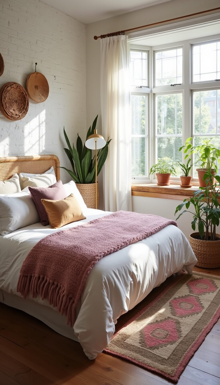 Boho bedroom with rattan headboard, layered bedding in soft pinks, woven wall art, and a vintage kilim rug leading to a plant-filled window nook.