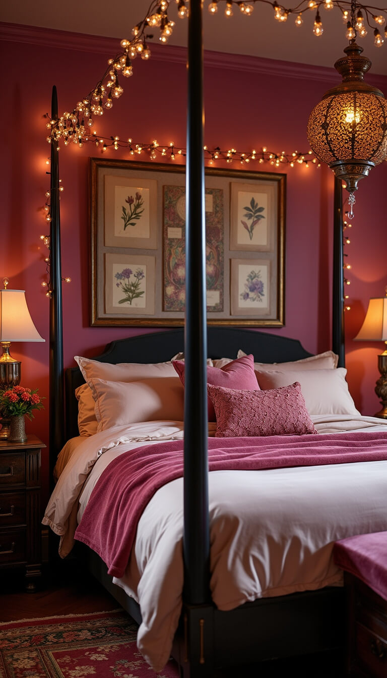 Cozy primary bedroom with twinkle lights around four-poster bed, magenta accent wall with botanical prints, silk and velvet bedding in pink tones, Moroccan pendant lighting, and crystal prisms catching soft light.