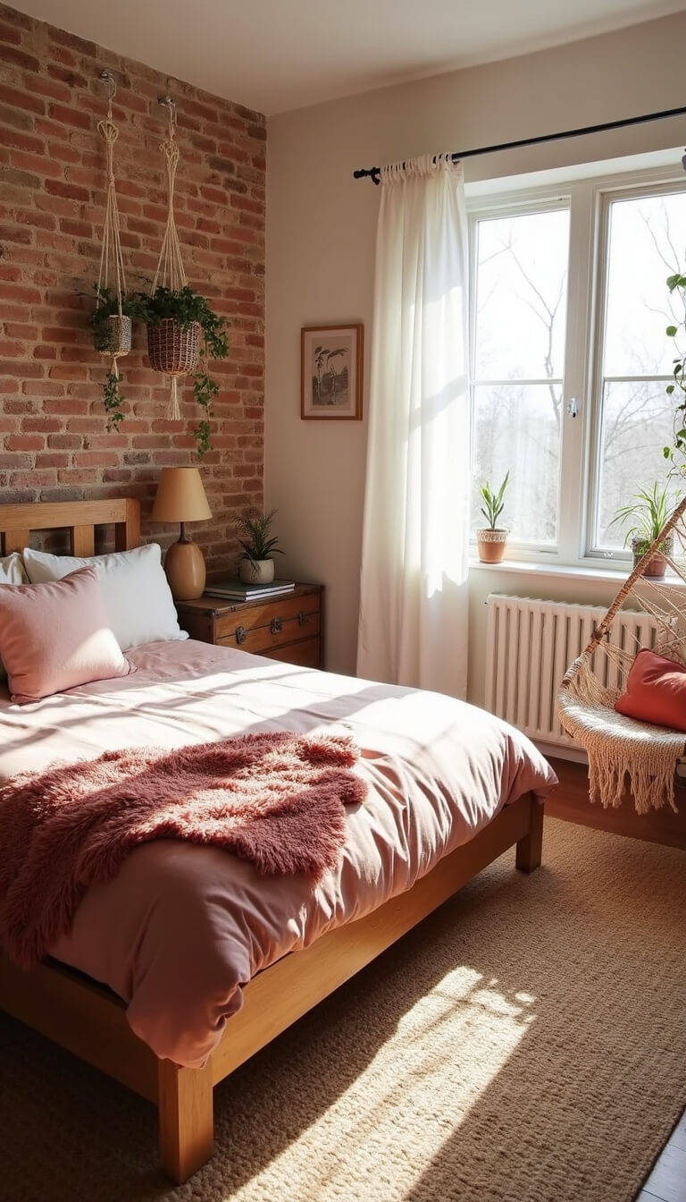 Bird's eye view of sunlit corner bedroom with exposed brick wall, natural wood bed, ombré pink bedding, geometric jute rug, hanging rattan chair, macramé plant hangers, and vintage trunk nightstand with ceramic lamp.