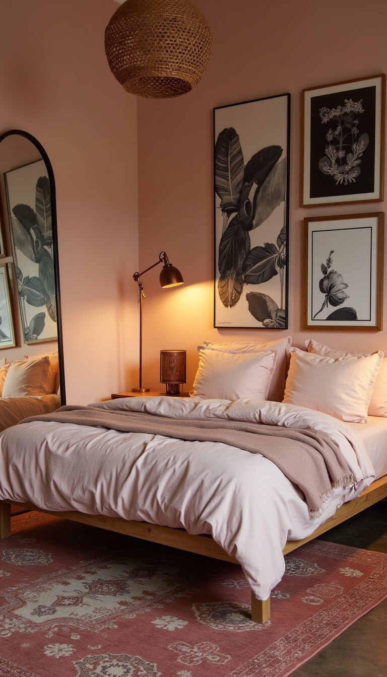Boho retreat bedroom at golden hour with pink linen bedding, gallery wall, vintage rugs, rattan pendant, and warm lighting.