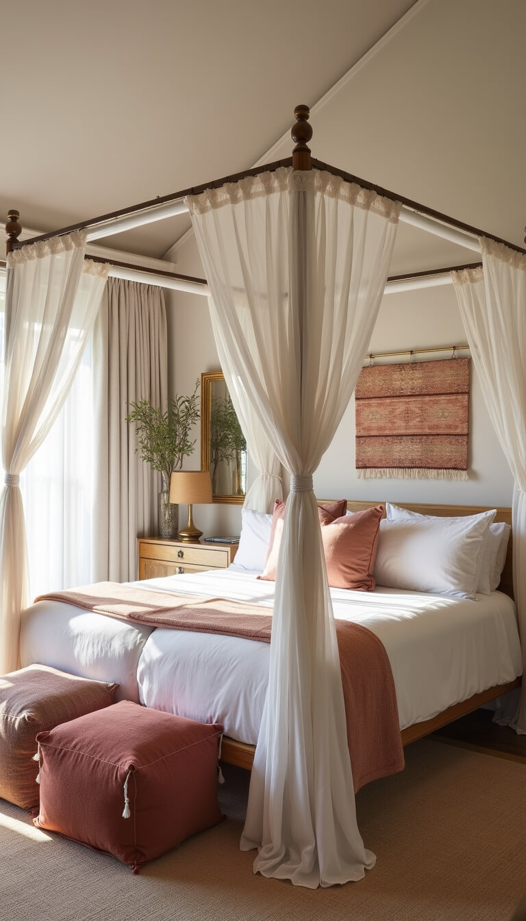 Ethereal high-angle view of airy bedroom with four-poster bed draped in sheer curtains, soft bedding in white, dusty rose, and silk, brass accents, Moroccan wall art, and rainbow prisms from crystal-filtered light.