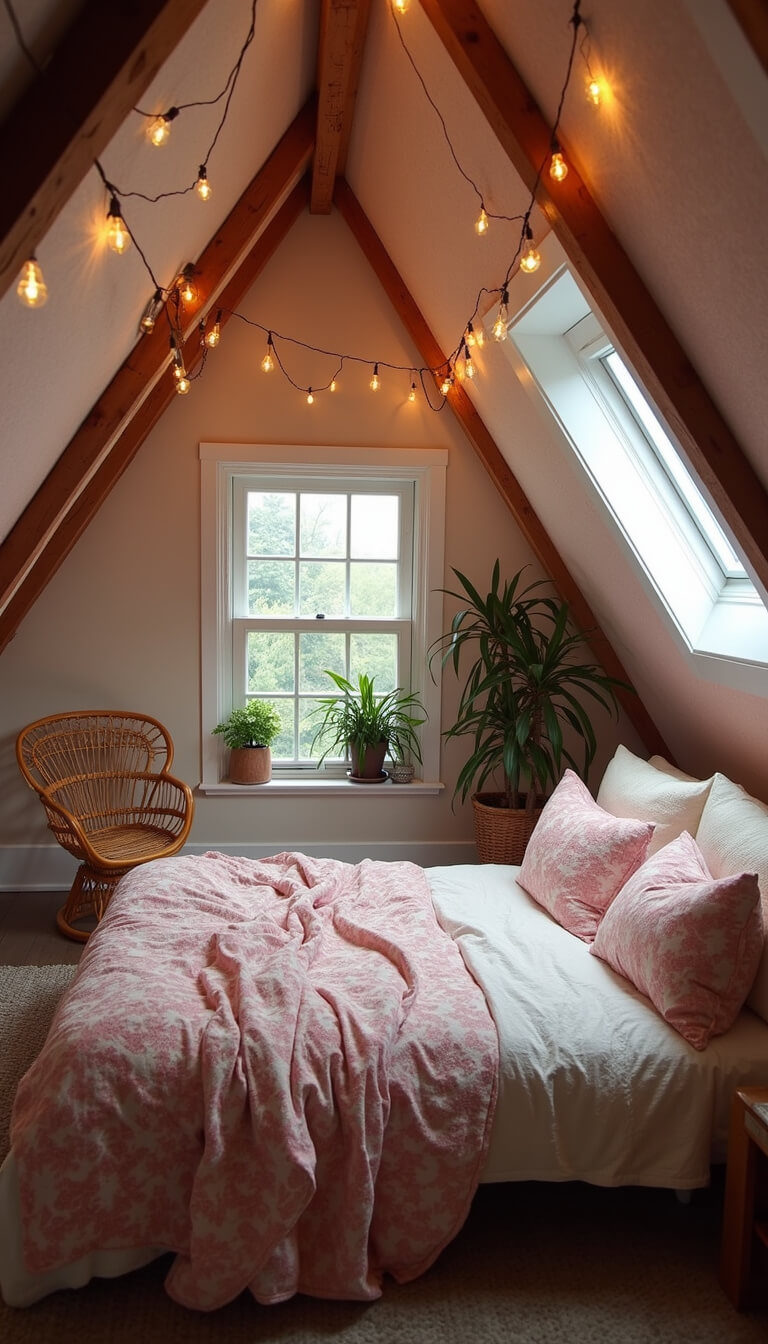 Cozy attic bedroom with sloped ceiling, string lights, low bed with vintage quilts, rattan peacock chair by skylight, hanging plants, and pale pink textured wallpaper, lit warmly at blue hour.