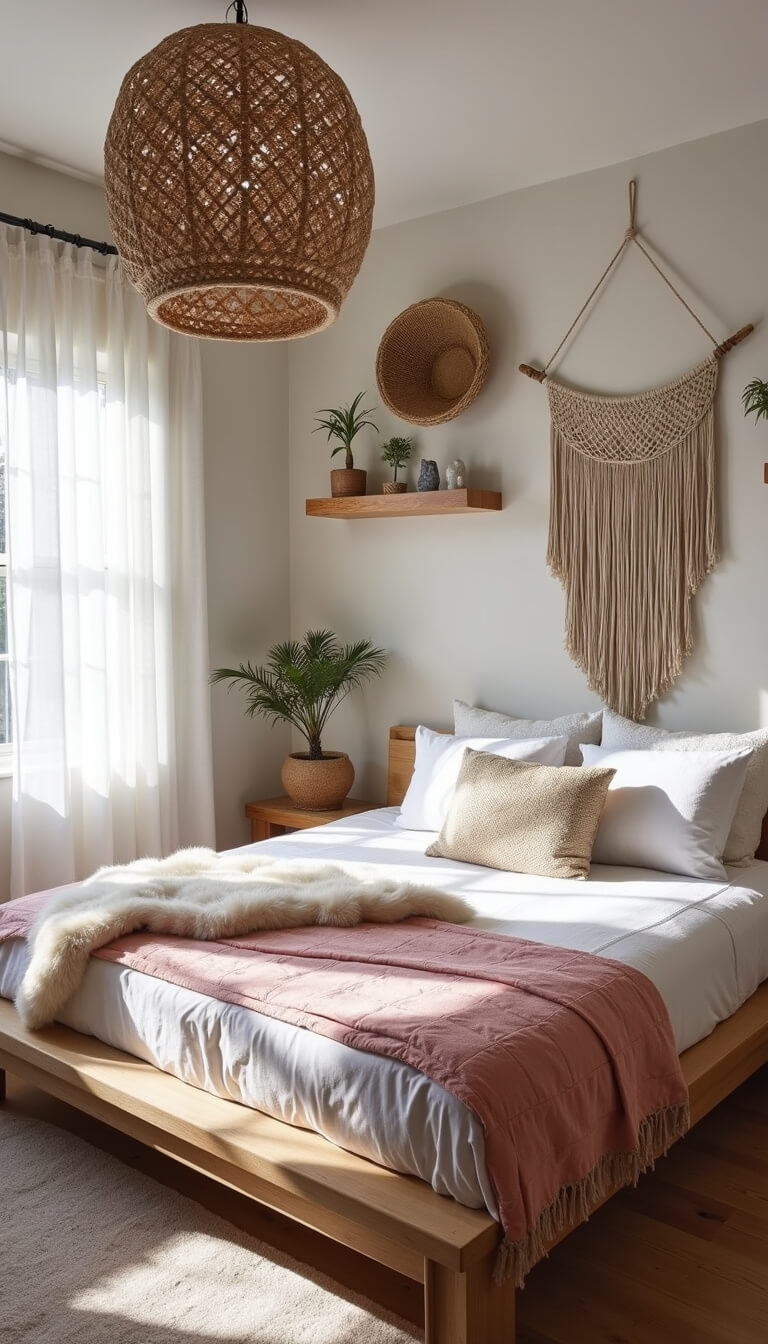 Modern bohemian bedroom with platform bed, layered linens, woven textures, and chandelier casting shadows.