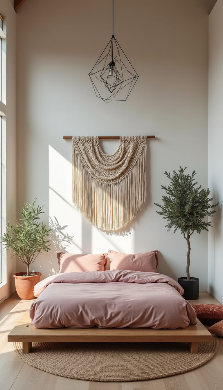 Minimalist boho bedroom with floating pink linen bed, macramé headboard, velvet floor cushions, olive tree, and geometric pendant lighting.