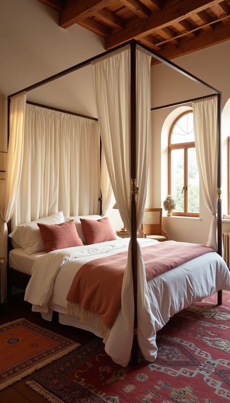 Dramatic 15x16ft bedroom with arched windows, four-poster bed draped in white linen and desert pink textiles, Moroccan rugs, and brass accents, captured at golden hour.