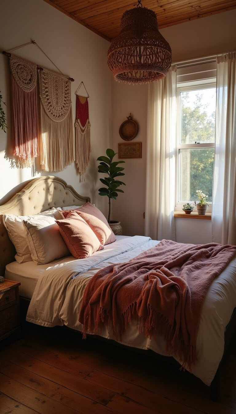 Cozy 14x14ft bohemian bedroom at twilight with low vintage bed, mixed textured bedding, macramé wall hangings, and warm rattan lighting.