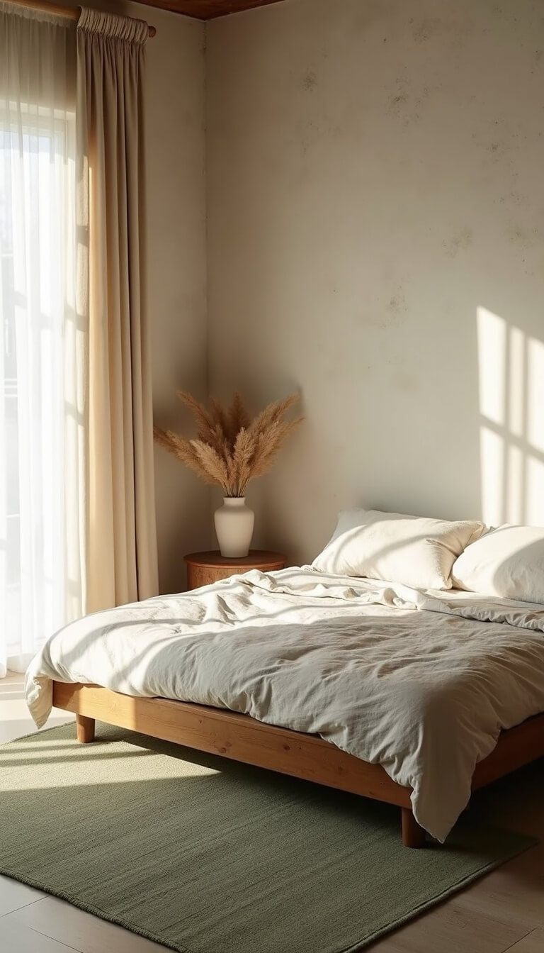 Sunlit minimalist bedroom with a low wooden bed, ivory linen bedding, sage green rug, and pampas grass in a ceramic vase on a weathered oak table.