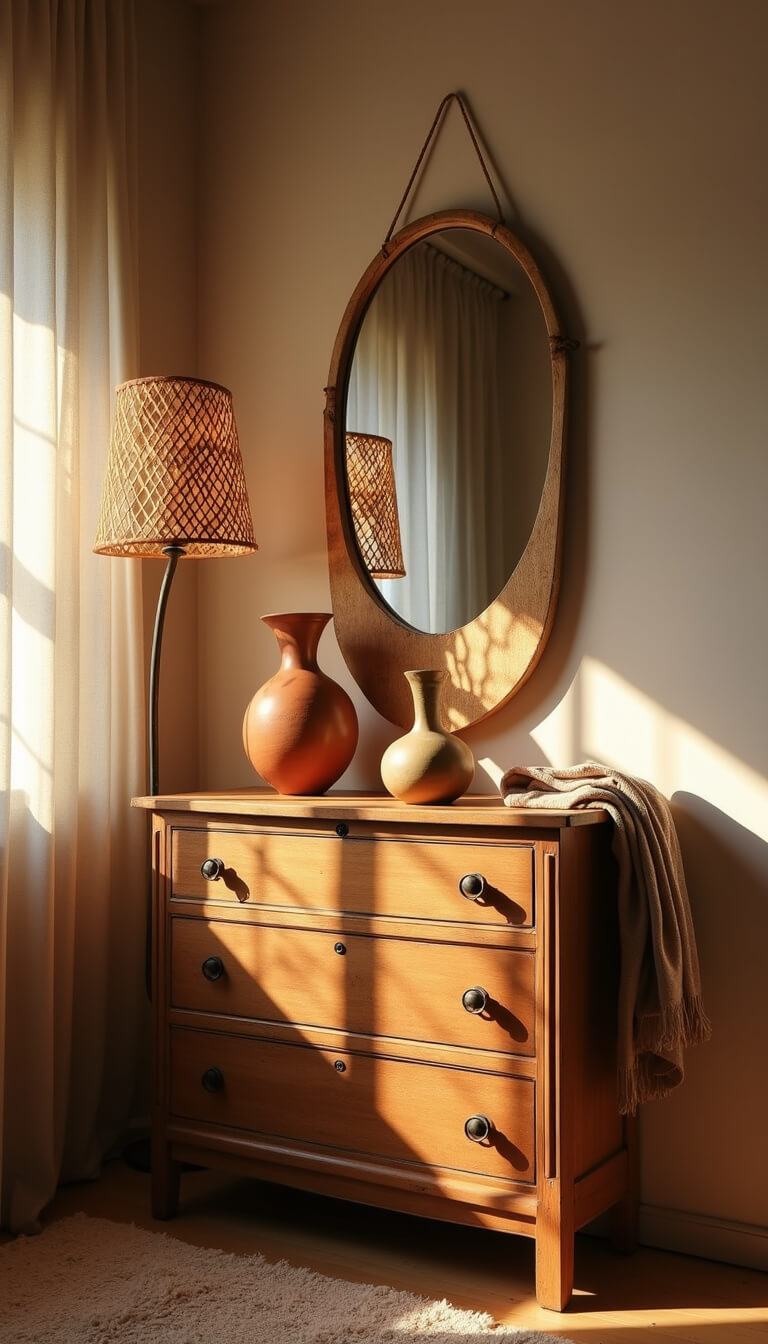 Cozy bedroom corner at golden hour with antique wooden dresser, ceramic vessels, imperfect round mirror, silk throw, and bamboo floor lamp casting textured shadows.