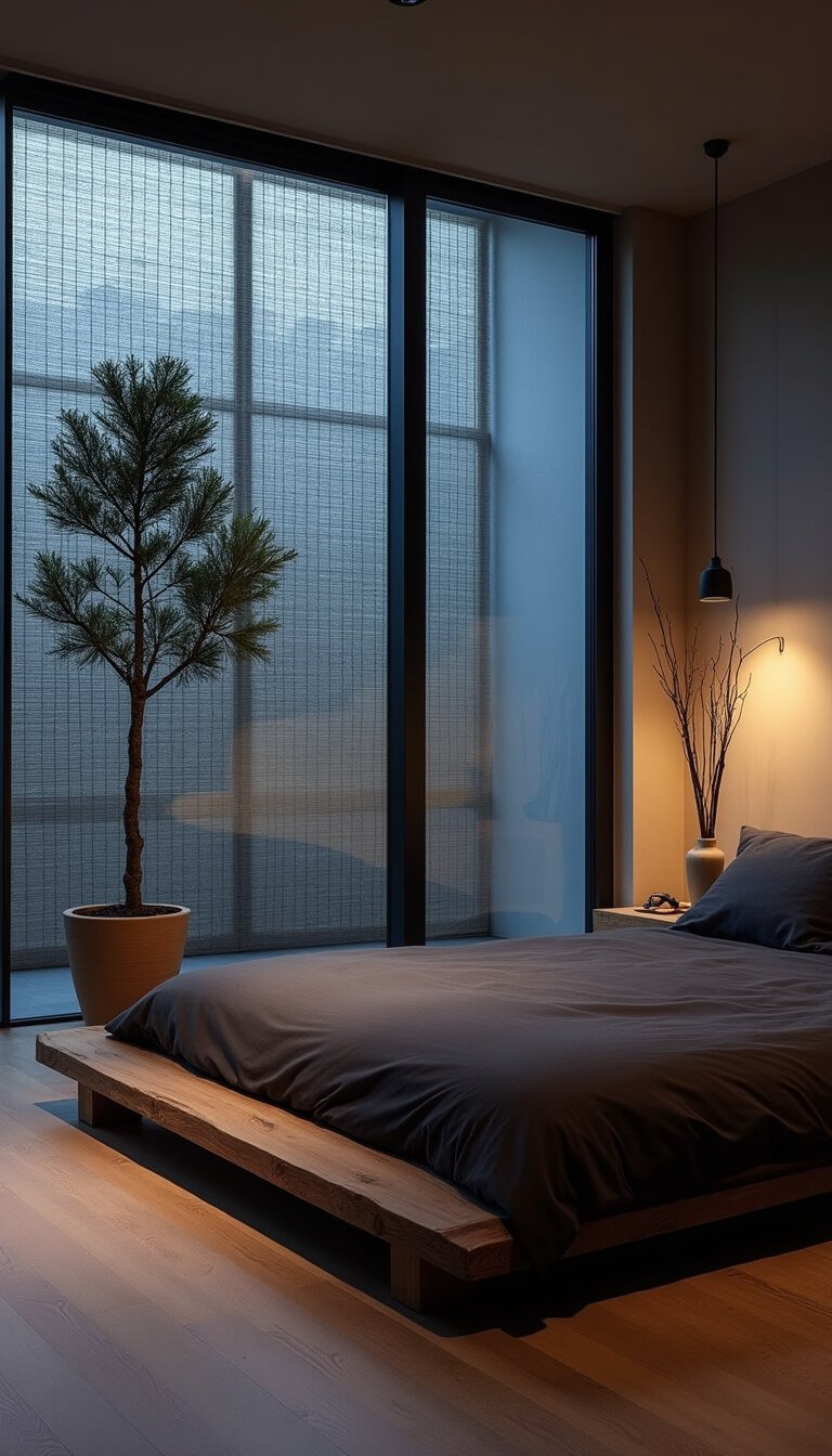 Minimalist 16x18ft bedroom at dusk with futon bed on reclaimed wood platform, bamboo-screened windows filtering blue light, potted pine, vintage ceramic vase with dried branches, and moody lighting in neutral tones.