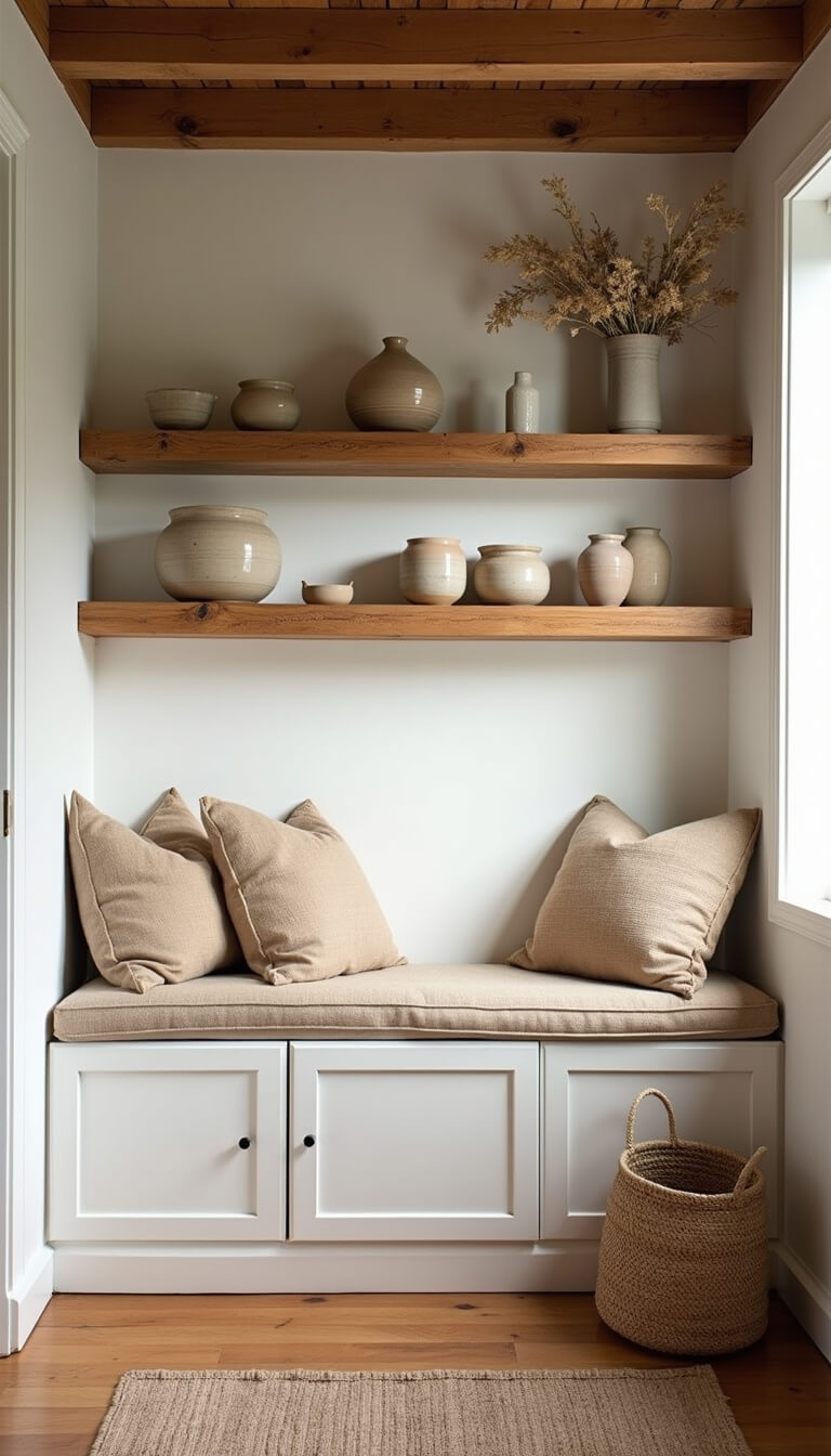 Cozy 10x12ft bedroom alcove with pottery on wooden shelves, linen pillows on a window seat, exposed wood beams, and dried botanicals in a woven basket, lit by soft afternoon light.