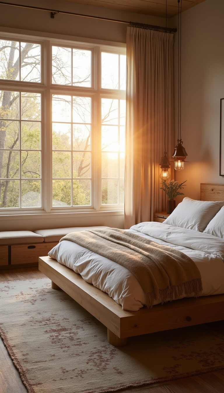 Sunlit primary bedroom with large windows, rustic barn wood bed, layered linen bedding, ceramic pendant lights, and worn vintage rug, bathed in golden hour light.
