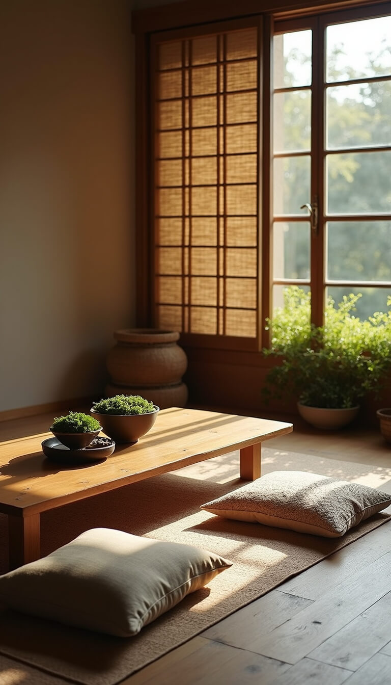 Meditation corner in 12x14ft bedroom with floor cushions around rustic wooden table, ceramic tea set, potted moss, and bamboo screens filtering soft natural light.