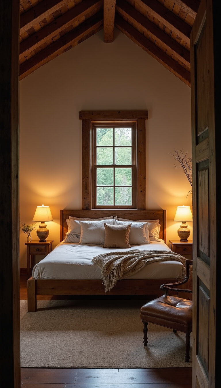 Cozy 16x16ft twilight bedroom with reclaimed wood bed under exposed beams, layered natural textiles, warm ceramic lamp lighting, and a weathered leather chair.