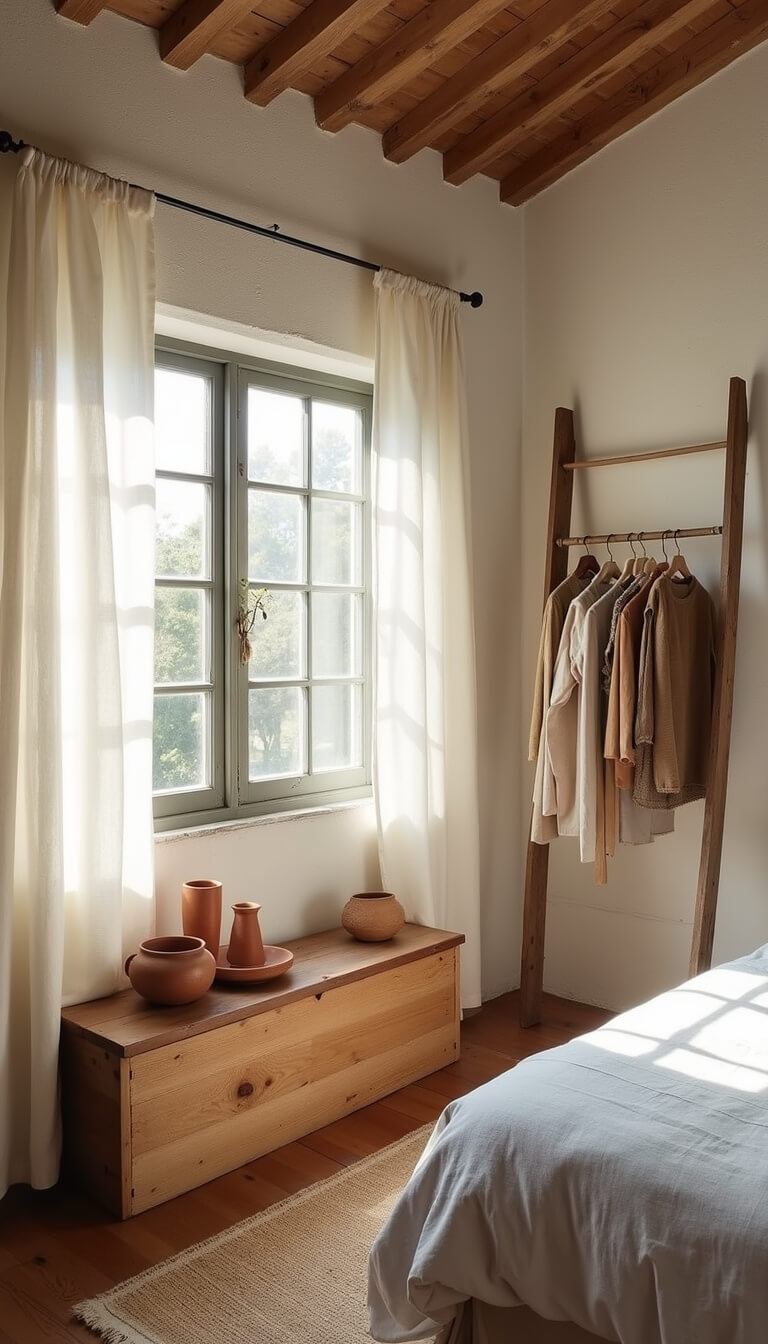 Rustic sunlit bedroom with textured white plaster walls, wooden bench displaying earthy ceramics, flowing linen curtains, and vintage ladder clothing rack.