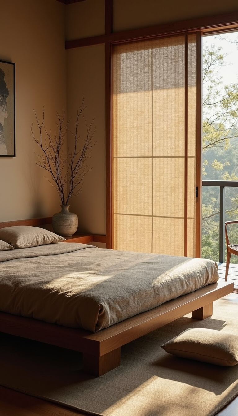 Zen-inspired bedroom at dawn with platform bed, bamboo screens, ikebana arrangement, and morning light filtering through.