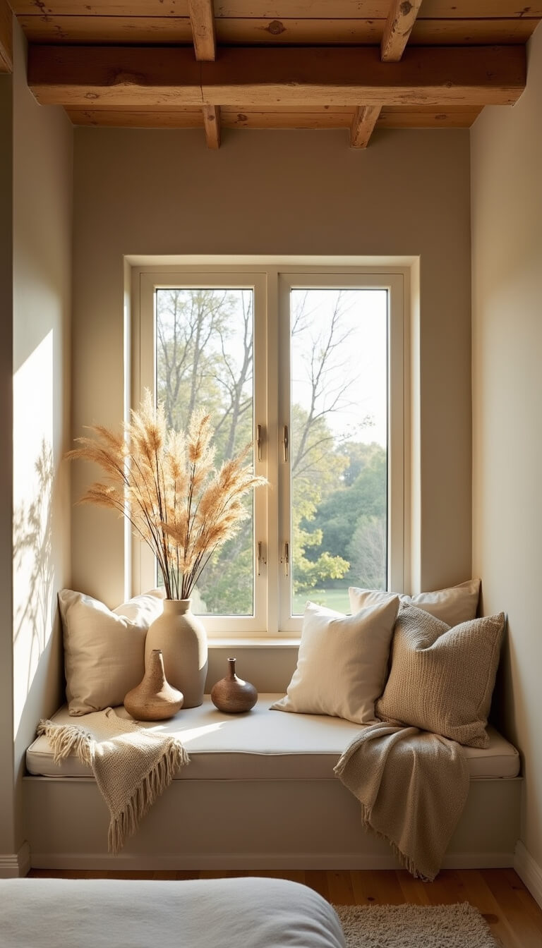 Cozy bedroom nook with built-in window seat, linen cushions, handwoven throws, ceramic vessels with dried grasses, exposed wooden beams, and warm golden hour lighting.