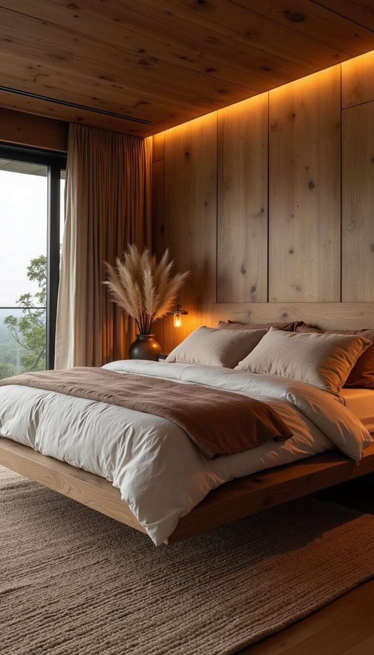 Modern wabi sabi bedroom with floating reclaimed wood bed, organic layered bedding, jute rug, ceramic vases with pampas grass, captured at dusk with moody lighting.