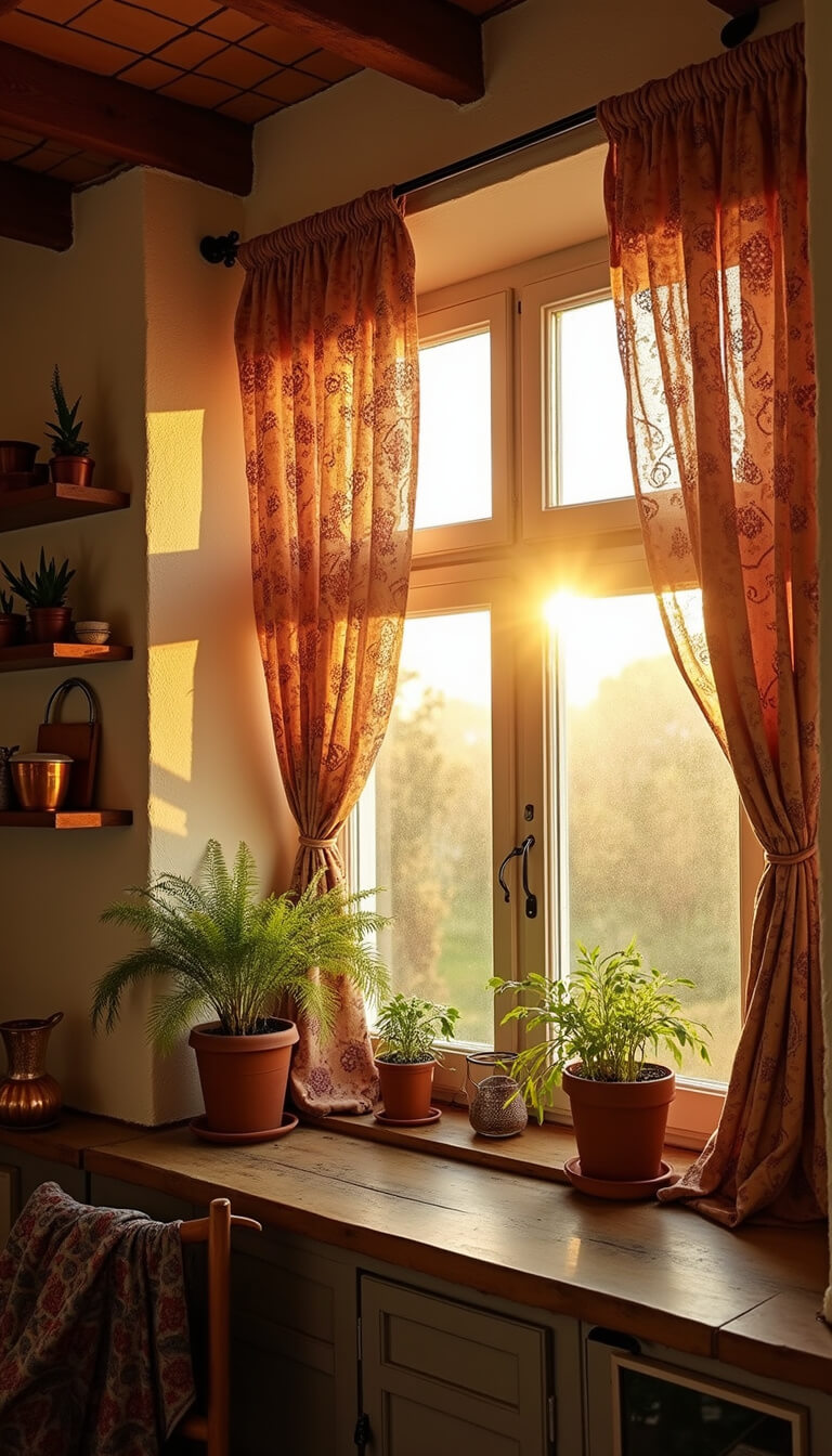 Bohemian kitchen bathed in golden hour light with macramé and printed curtains, copper pots, and potted herbs, viewed through a 35mm lens.