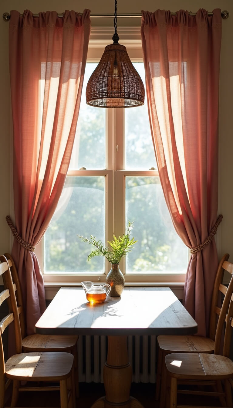 Cozy kitchen nook with dusty rose sheer curtains, rattan pendant lamp, and oak table reflecting morning light through Moroccan tea glasses.