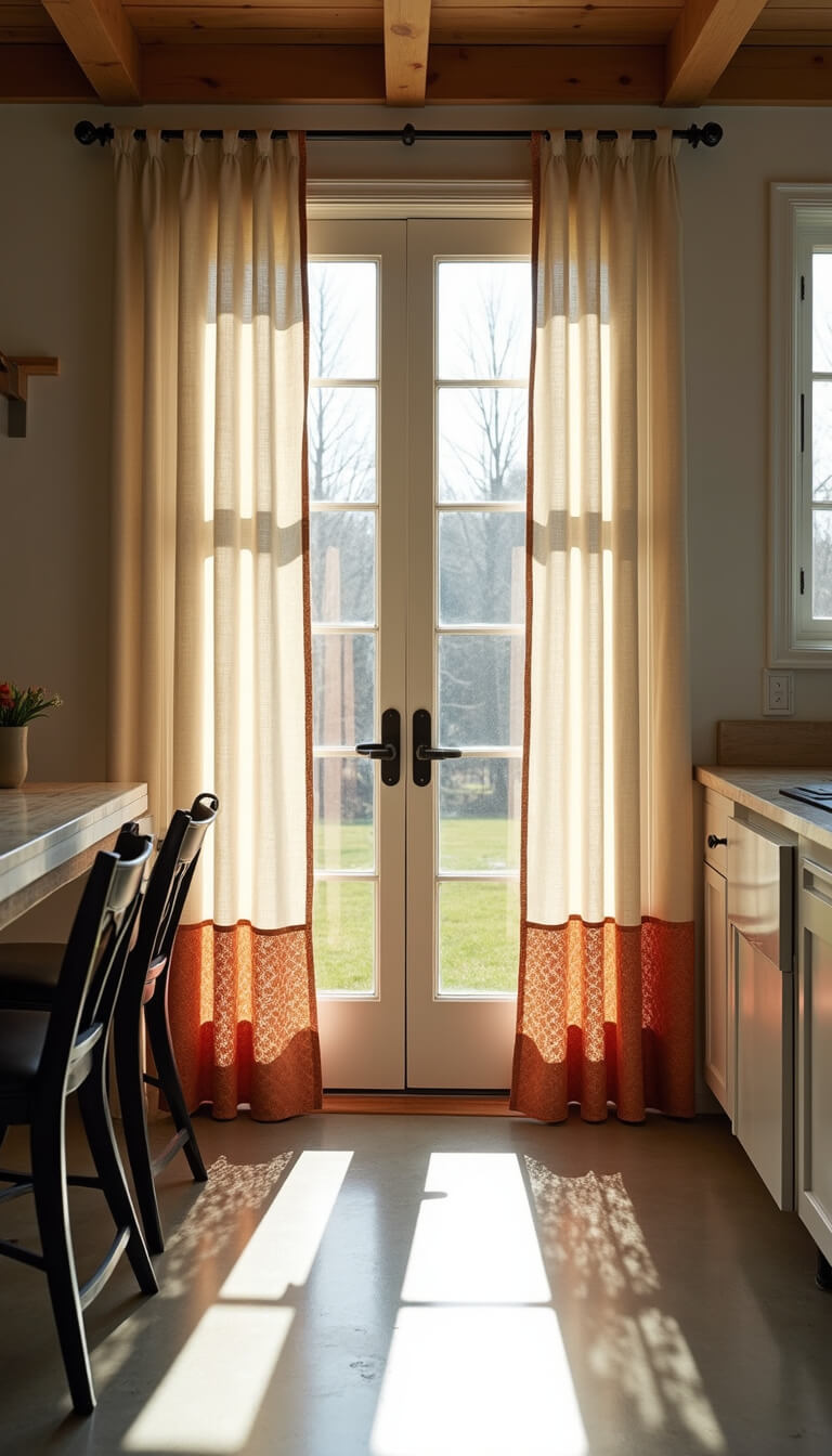 Modern farmhouse kitchen with floor-to-ceiling windows, cream and rust curtains, concrete floors, and black industrial fixtures, bathed in late afternoon light.