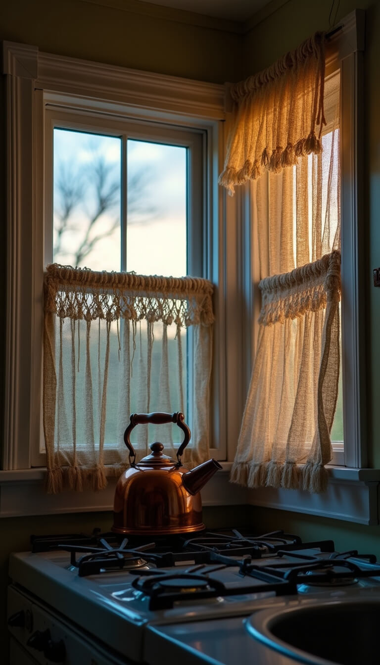 Cozy 10x12ft cottage kitchen corner at blue hour with café-style jute macramé curtains, vintage copper kettle on gas range, and soft bokeh lighting.