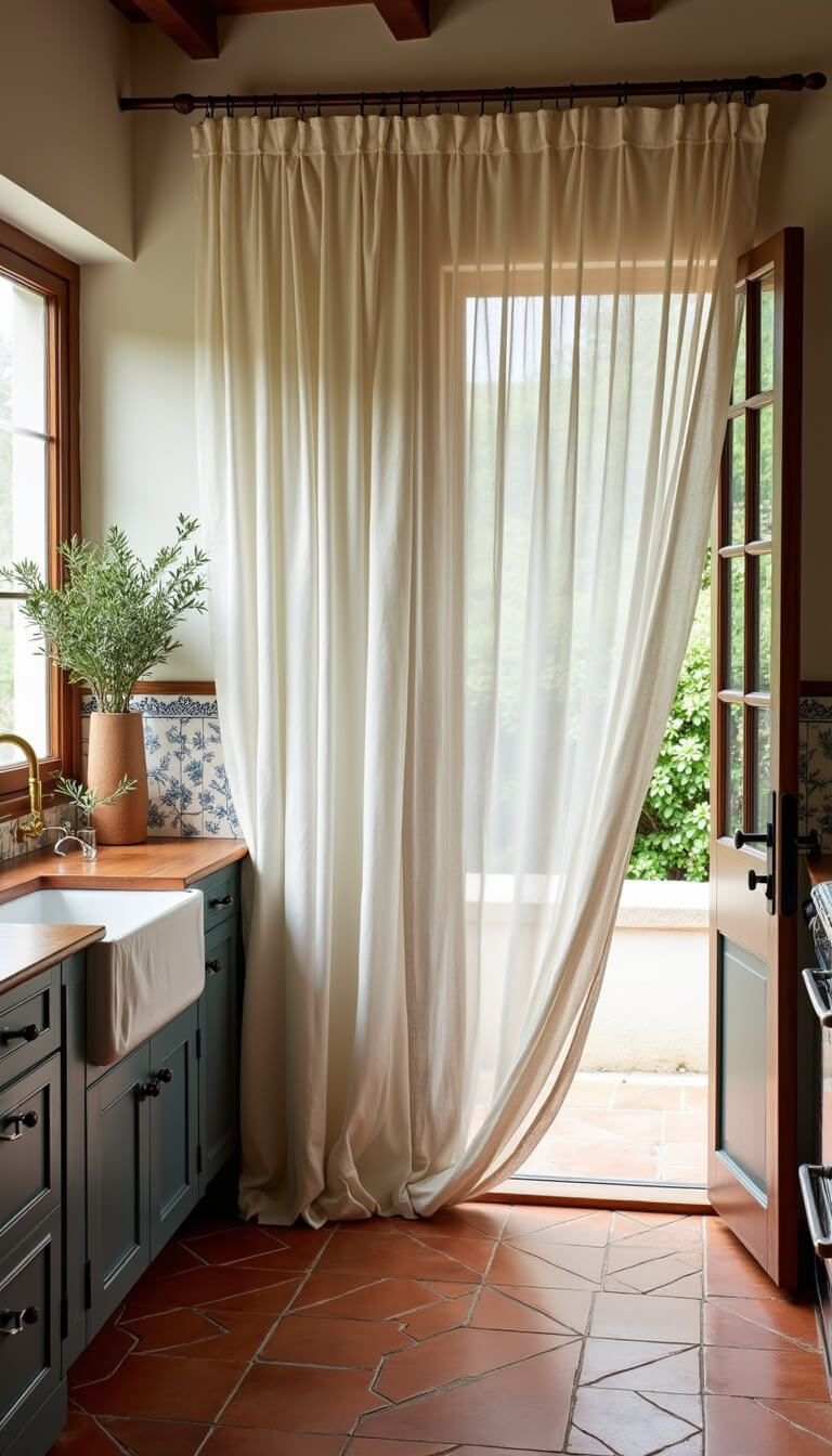 Overhead view of a Mediterranean-style kitchen with terracotta tiles, billowing white gauze curtains with indigo borders, brass fixtures, and olive branches in natural midday light.