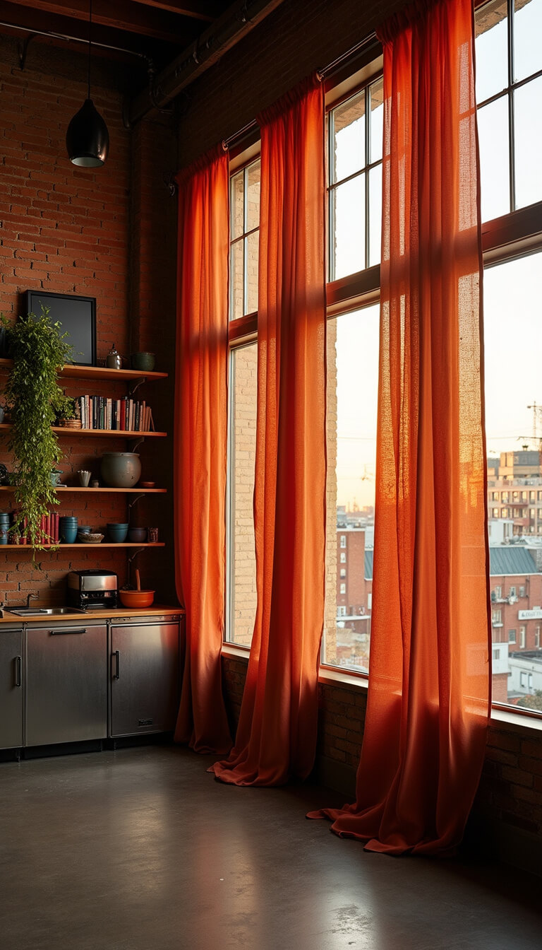 Urban loft kitchen with sunset-toned ombré curtains, exposed brick, metal shelving, and hanging plants, captured at magic hour from a low angle to show tall ceilings and industrial windows.