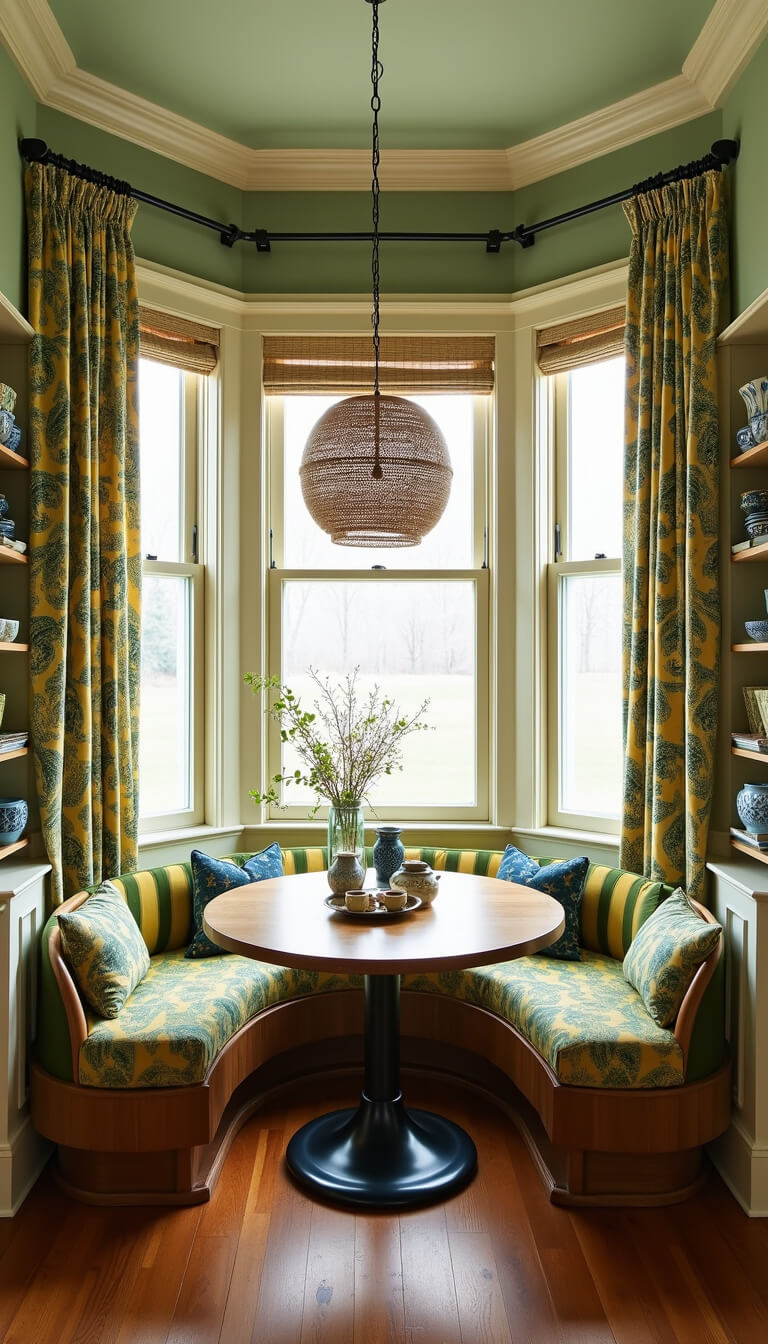 Eclectic 8x8ft breakfast nook with paisley and stripe curtains in emerald, mustard, and cream, vintage ceramics on open shelves, and woven pendant light in morning glow.