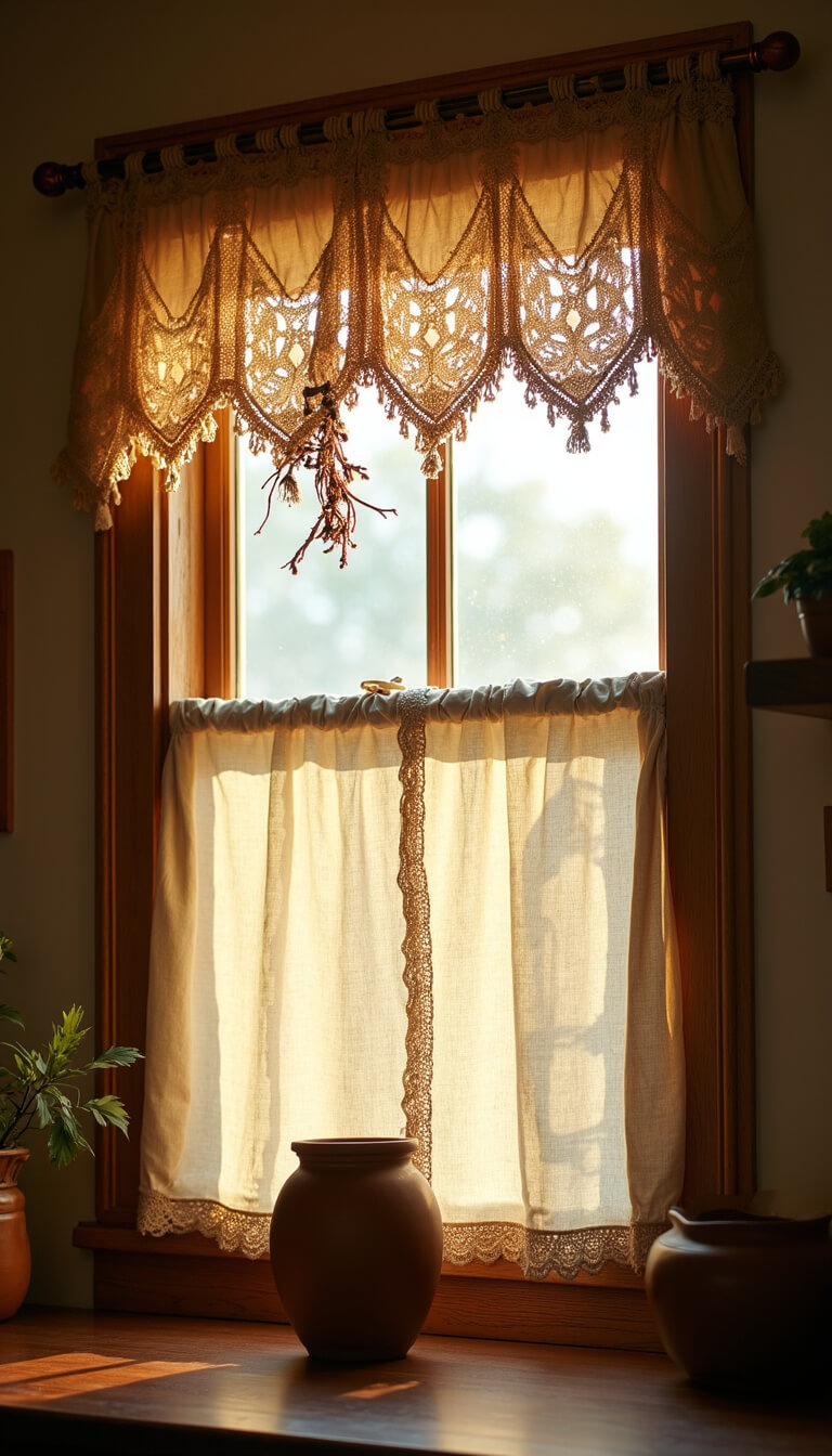 Close-up of a rustic kitchen window framed by a hand-knotted macramé valance and sheer muslin panels with vintage lace trim, dried herbs hanging above earthenware crocks on a wooden counter, bathed in golden afternoon light.