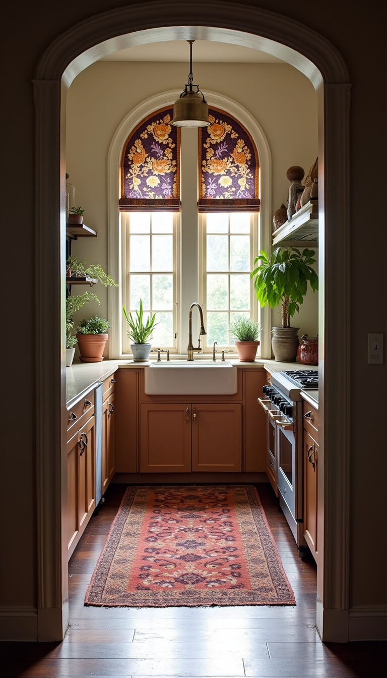 Bohemian galley kitchen with arched windows, purple and gold botanical curtains, brass hardware, vintage rugs, and potted succulents, viewed through doorway in midday light.