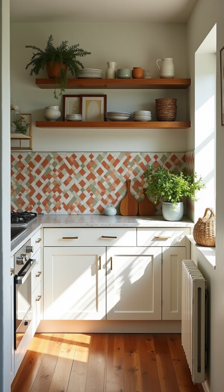 Contemporary boho kitchen with floating wooden shelves, sage and rust geometric curtains, ceramic displays, and morning sunlight filtering through sheer white layers.